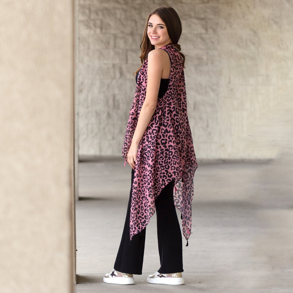 Leopard Print Sleeveless Tunic with Tassel